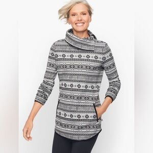 T  Talbots Fair Isle Gray Snowflake Nordic Split Cowl Neck Pullover Sweatshirt L